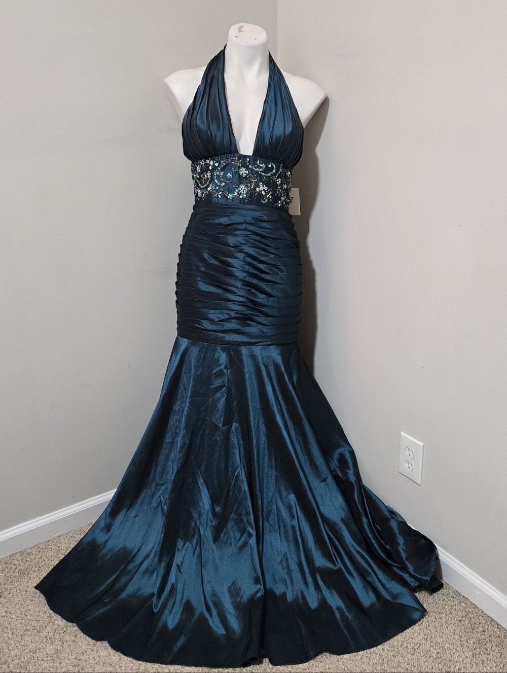 8 (fits modern 4ish) Y2K Vintage Tony Bowls Dk Teal Shimmer Plunge Mermaid Gown